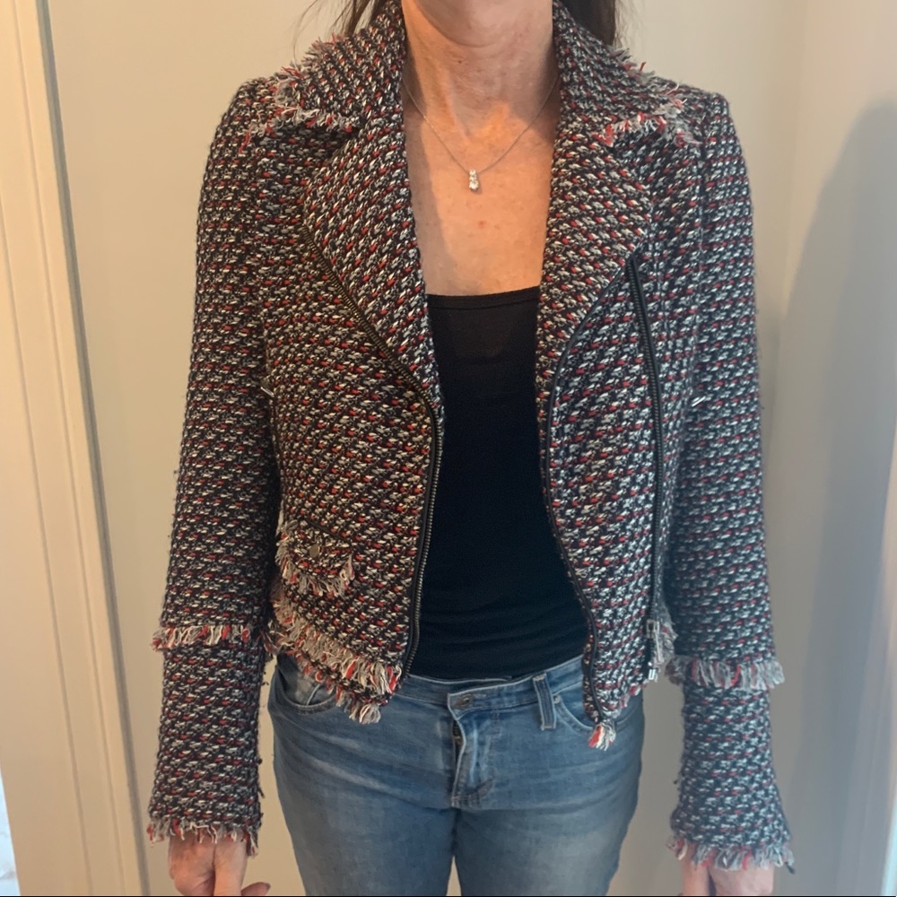 Zara Grey/Red Tweed Fringe Hem Crop Moto Jacket S